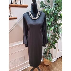 Roman's Women's Black Solid Rayon V-Neck Long Sleeve Knee Length Dress Size 20W